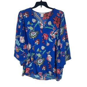 Masseys 3X Blue Floral Sheer Blouse Kimono Sleeve Half Wrap High Low Flowy Top